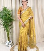 Mustard cotton satin weaving zari border embroiderd saree with matching blouse piece