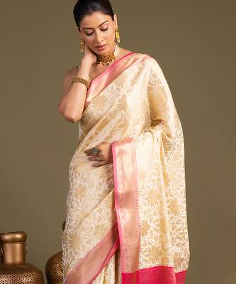 beige handloom pure silk saree with contrast pink border 5