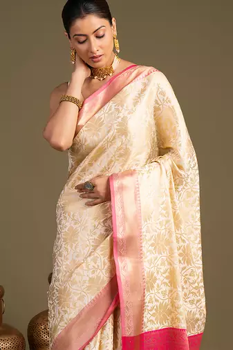 beige handloom pure silk saree with contrast pink border
