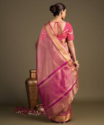 pink handloom tissue silk saree with subtle sheen 2