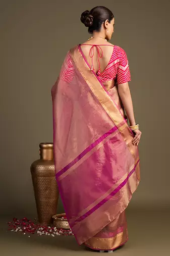 pink handloom tissue silk saree with subtle sheen