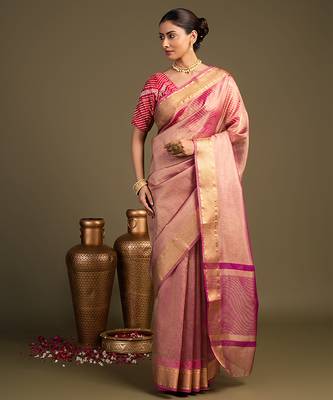 pink handloom tissue silk saree with subtle sheen 1