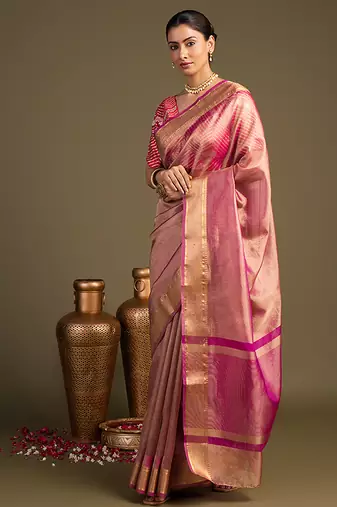 pink handloom tissue silk saree with subtle sheen