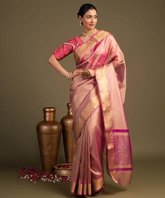 pink handloom tissue silk saree with subtle sheen 4