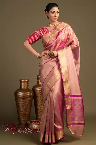 pink handloom tissue silk saree with subtle sheen