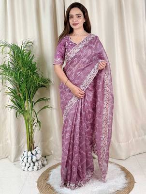 Purple cotton satin weaving zari border embroiderd saree with matching blouse piece 1