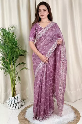 Purple cotton satin weaving zari border embroiderd saree with matching blouse piece