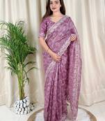 Purple cotton satin weaving zari border embroiderd saree with matching blouse piece
