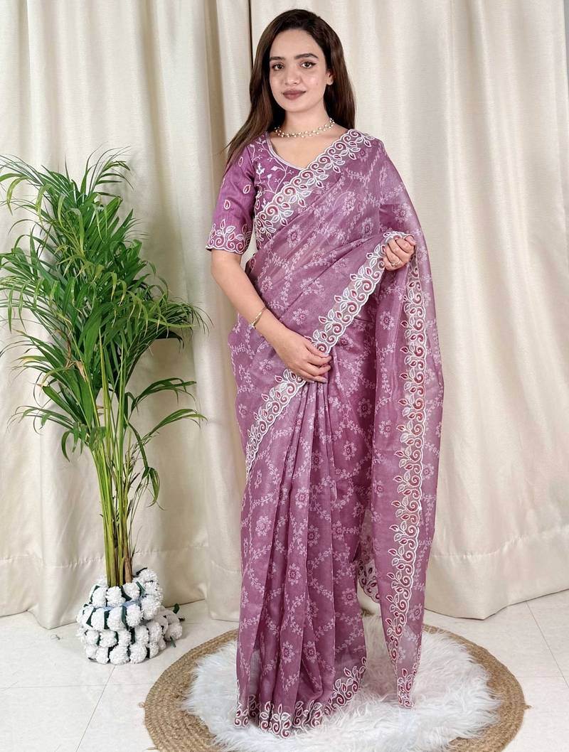 Purple cotton satin weaving zari border embroiderd saree with matching blouse piece
