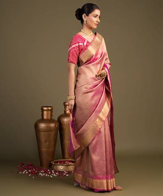 pink handloom tissue silk saree with subtle sheen 5