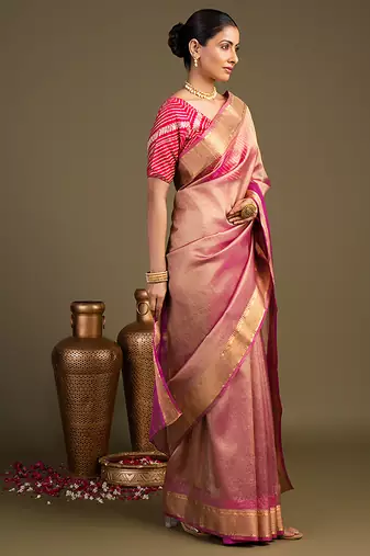 pink handloom tissue silk saree with subtle sheen