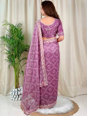 Purple cotton satin weaving zari border embroiderd saree with matching blouse piece 2