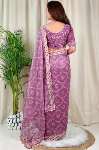 Purple cotton satin weaving zari border embroiderd saree with matching blouse piece