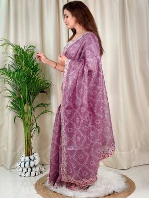 Purple cotton satin weaving zari border embroiderd saree with matching blouse piece 3