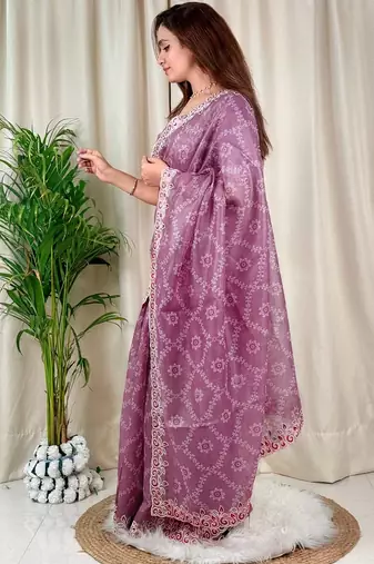 Purple cotton satin weaving zari border embroiderd saree with matching blouse piece