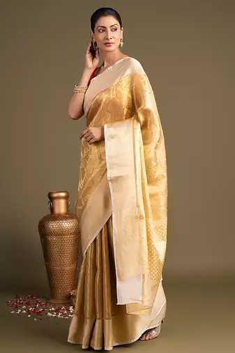 golden handloom banarasi silk saree with classic woven border