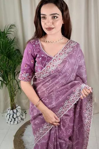 Purple cotton satin weaving zari border embroiderd saree with matching blouse piece