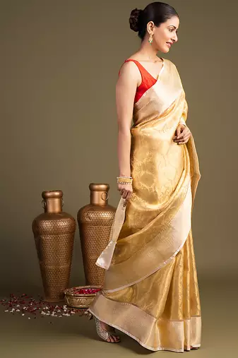 golden handloom banarasi silk saree with classic woven border