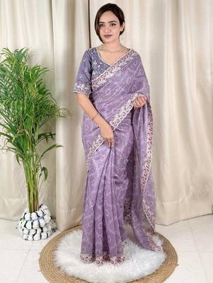 Lavender cotton satin weaving zari border embroiderd saree with matching blouse piece 1