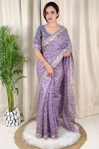 Lavender cotton satin weaving zari border embroiderd saree with matching blouse piece