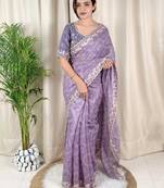 Lavender cotton satin weaving zari border embroiderd saree with matching blouse piece