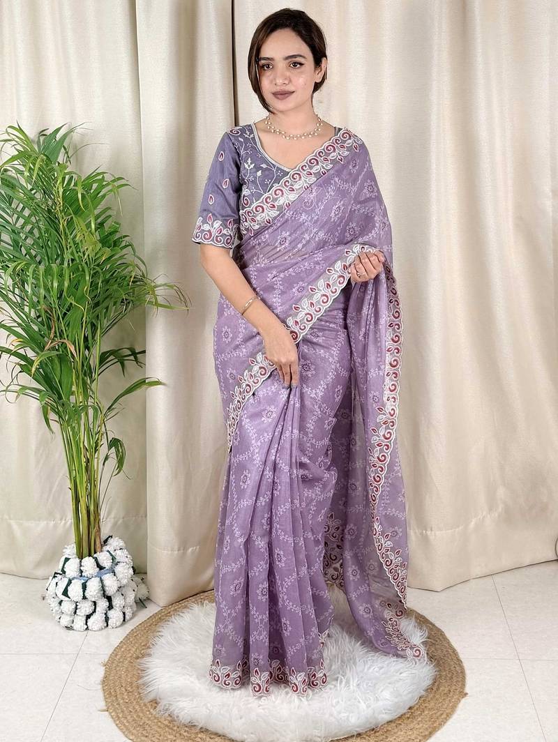Lavender cotton satin weaving zari border embroiderd saree with matching blouse piece
