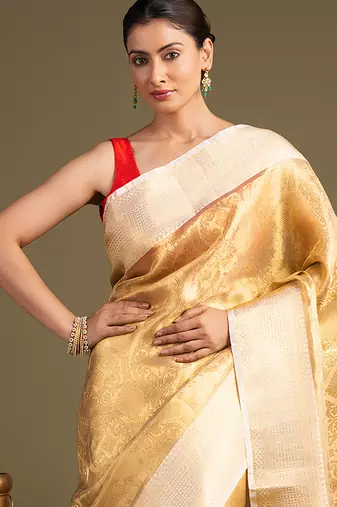 golden handloom banarasi silk saree with classic woven border