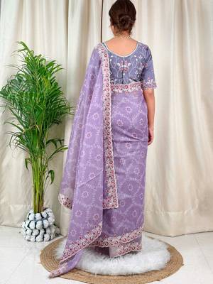 Lavender cotton satin weaving zari border embroiderd saree with matching blouse piece 2