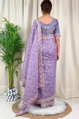 Lavender cotton satin weaving zari border embroiderd saree with matching blouse piece