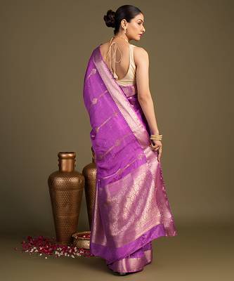 lavender handloom pure silk saree with elegant zari border 2