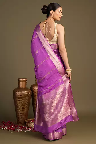 lavender handloom pure silk saree with elegant zari border