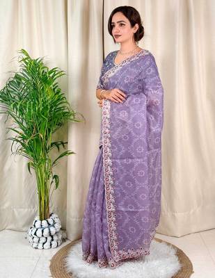 Lavender cotton satin weaving zari border embroiderd saree with matching blouse piece 3