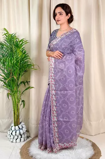 Lavender cotton satin weaving zari border embroiderd saree with matching blouse piece