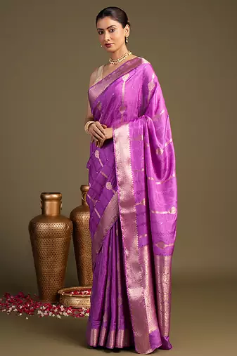 lavender handloom pure silk saree with elegant zari border