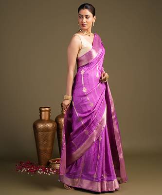 lavender handloom pure silk saree with elegant zari border 4