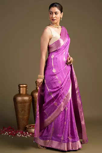 lavender handloom pure silk saree with elegant zari border