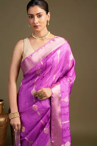 lavender handloom pure silk saree with elegant zari border