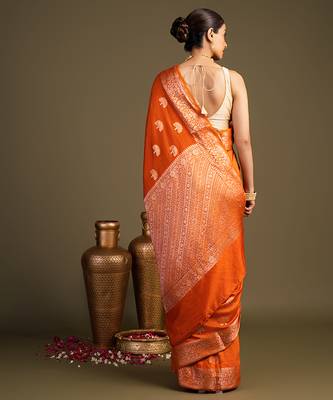 orange handloom banarasi silk saree with rich zari work 2