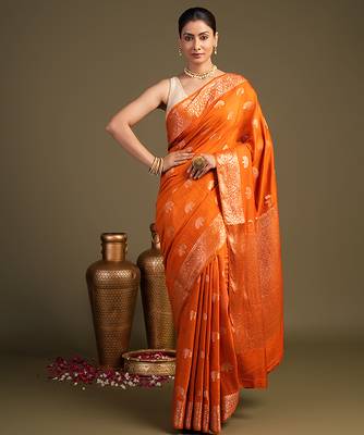 orange handloom banarasi silk saree with rich zari work 1