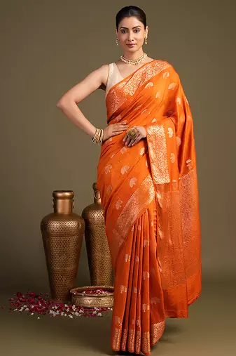 Orange handloom banarasi silk saree