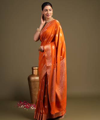 orange handloom banarasi silk saree with rich zari work 3