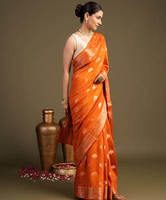 orange handloom banarasi silk saree with rich zari work 4