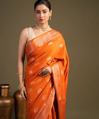 orange handloom banarasi silk saree with rich zari work 5