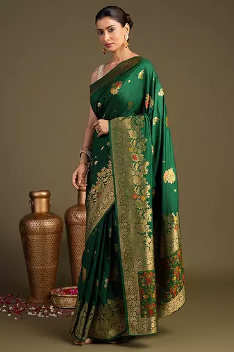 green handloom pure silk saree with rich zari border