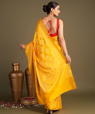 yellow handloom pure silk saree with elegant woven detailing 2