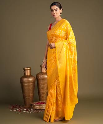 yellow handloom pure silk saree with elegant woven detailing 3