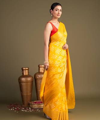 yellow handloom pure silk saree with elegant woven detailing 4