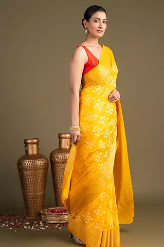yellow handloom pure silk saree with elegant woven detailing