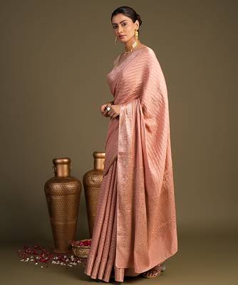 peach handloom banarasi silk saree with elegant woven motifs 2