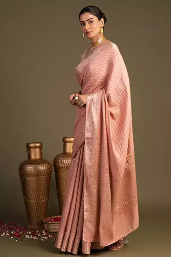 peach handloom banarasi silk saree with elegant woven motifs